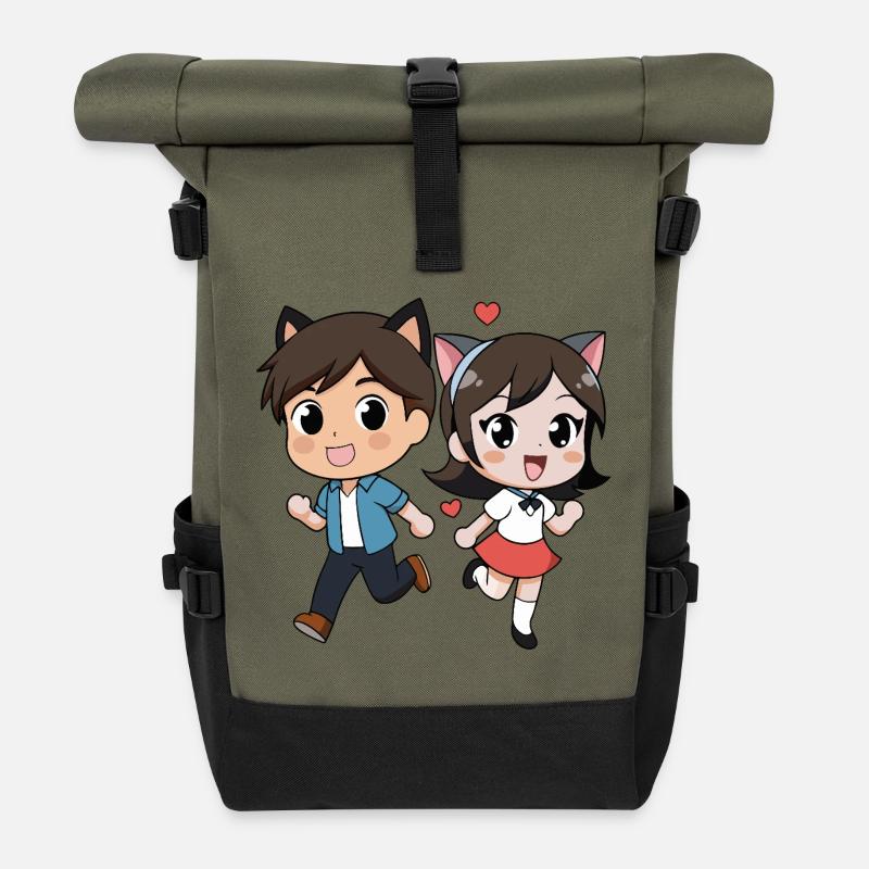 Fantasy Cat Duet for Kids - Roll Top Backpack - olive/black