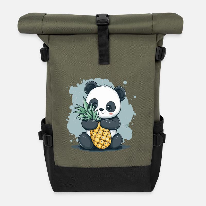 Panda et ananas - Sac à dos roll top - olive/noir
