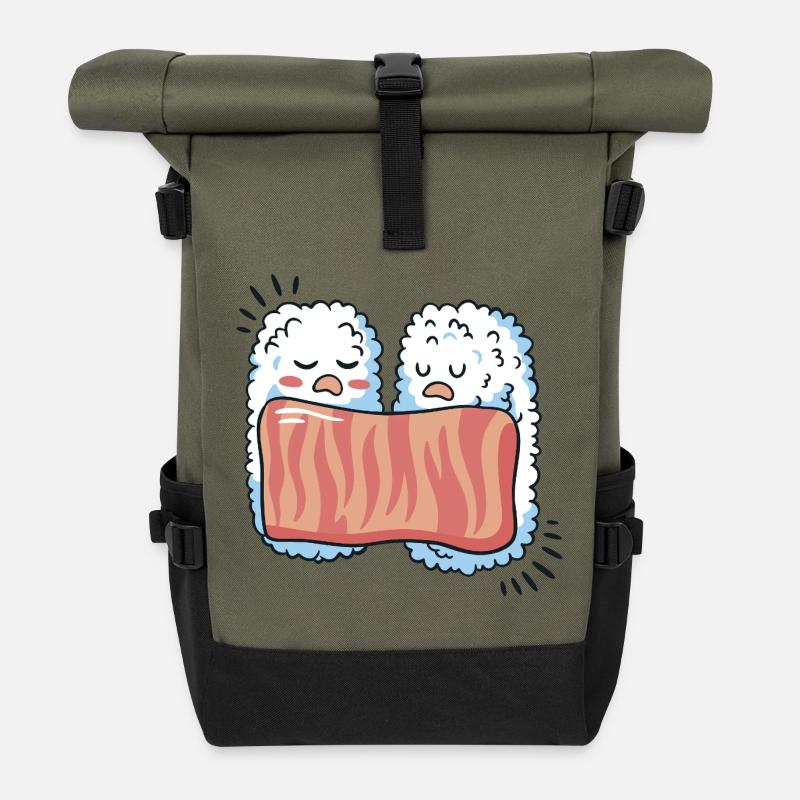 Cute Sleeping Sushi Kawaii Illustration - Roll Top Backpack - olive/black