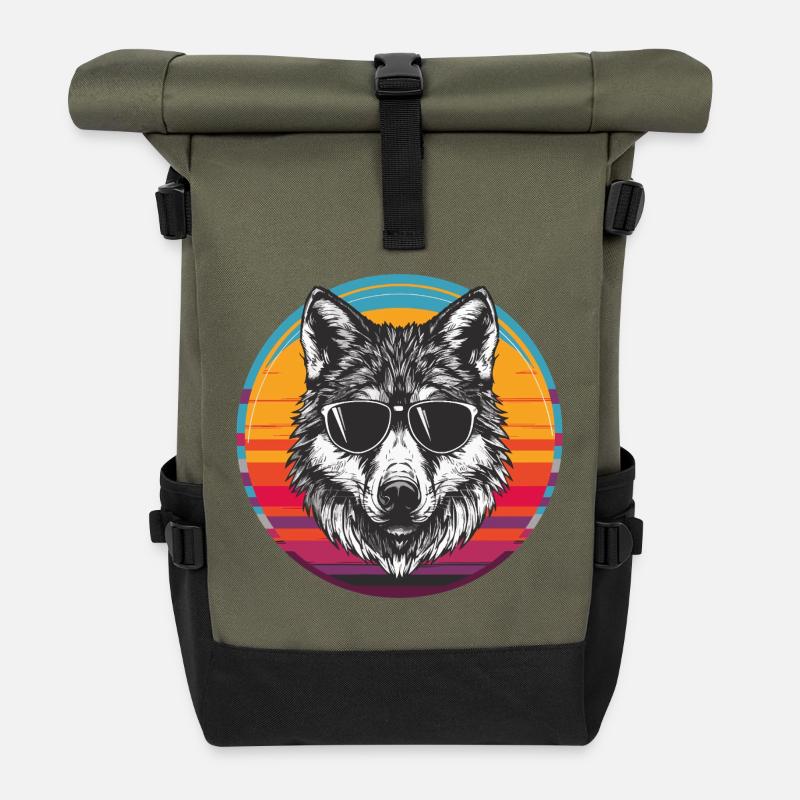 Cool Wolf mit Sonnenbrille im Retro-Design - Rolltop Rucksack - Olive/Schwarz