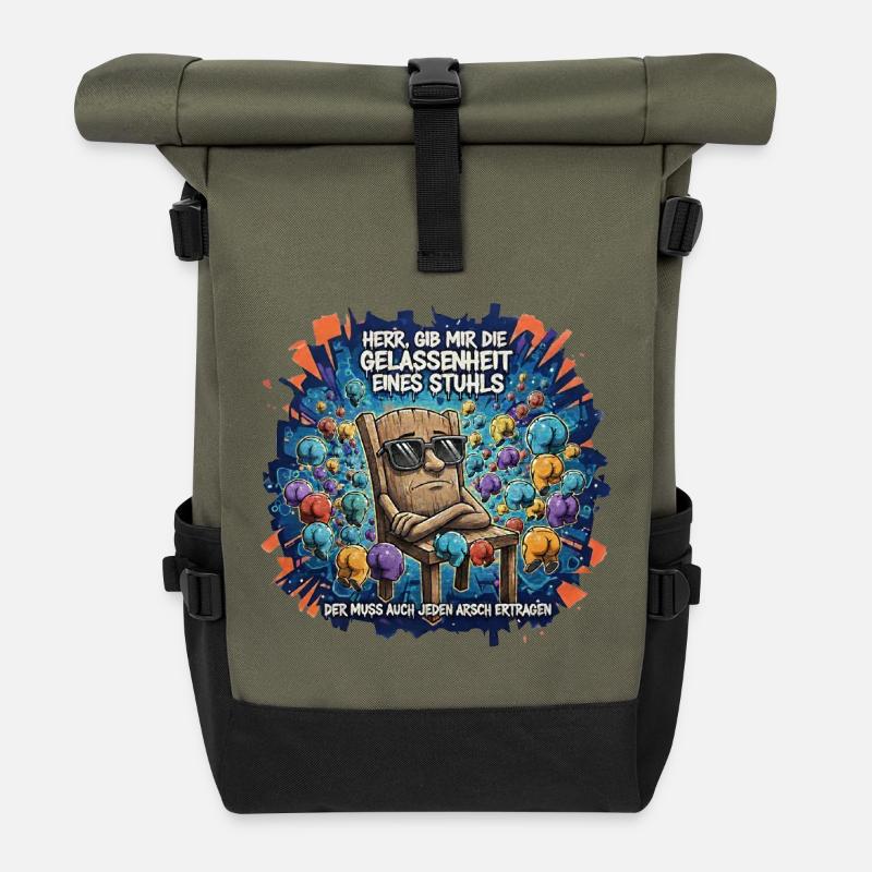 Serene Chair Cartoon Saying - Roll Top Backpack - olive/black