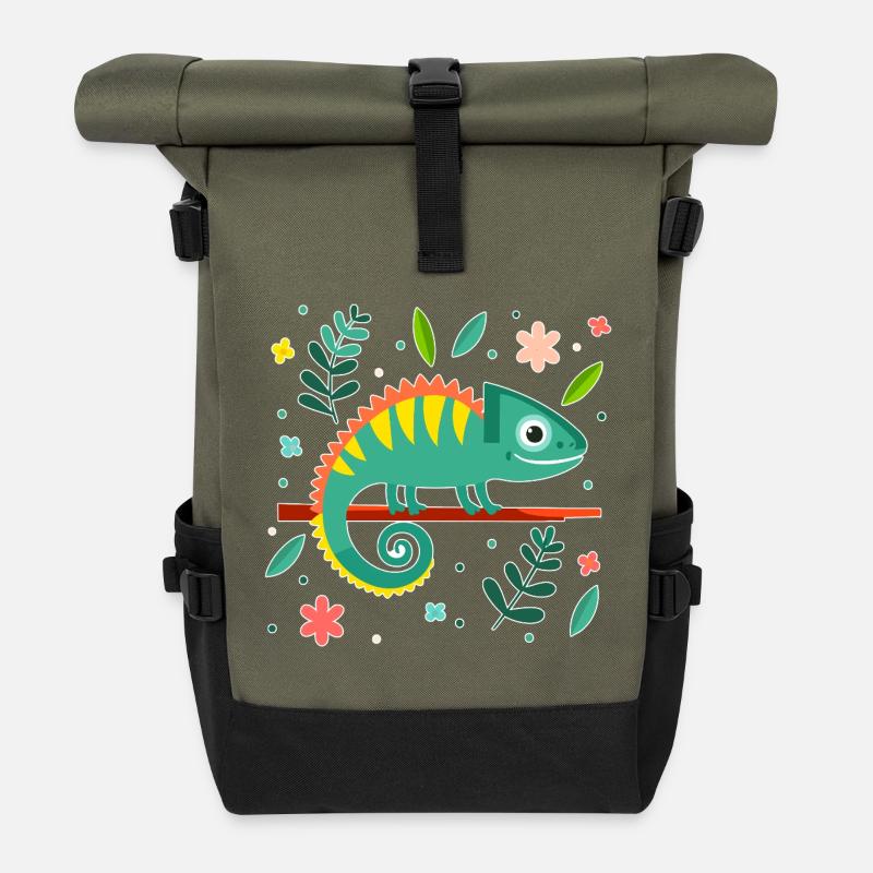 Chamäleon (Einfach und Blätter) - Rolltop Rucksack - Olive/Schwarz