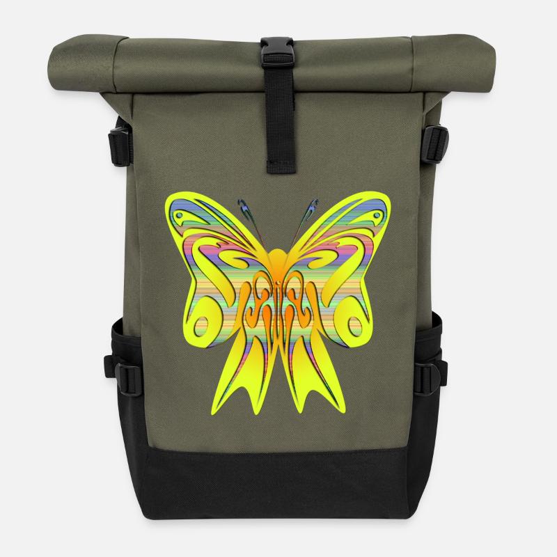 Bunter Neon Schmetterling auf Schleife - Rolltop Rucksack - Olive/Schwarz