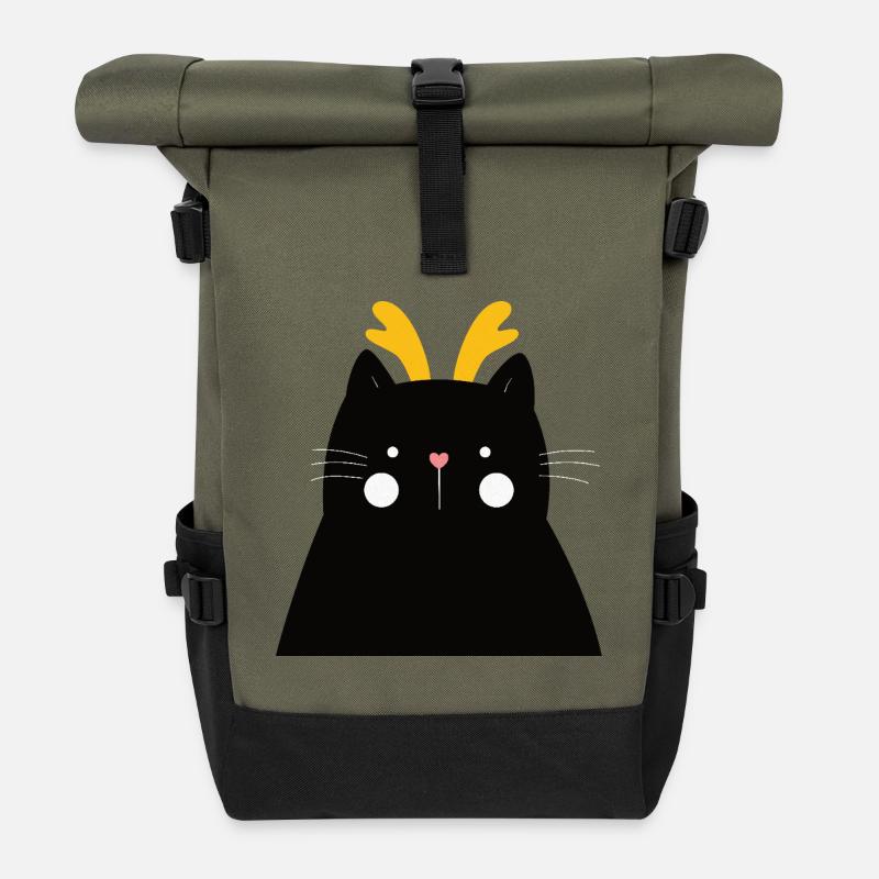 Schwarze Katze mit goldenen Geweihen - Rolltop Rucksack - Olive/Schwarz