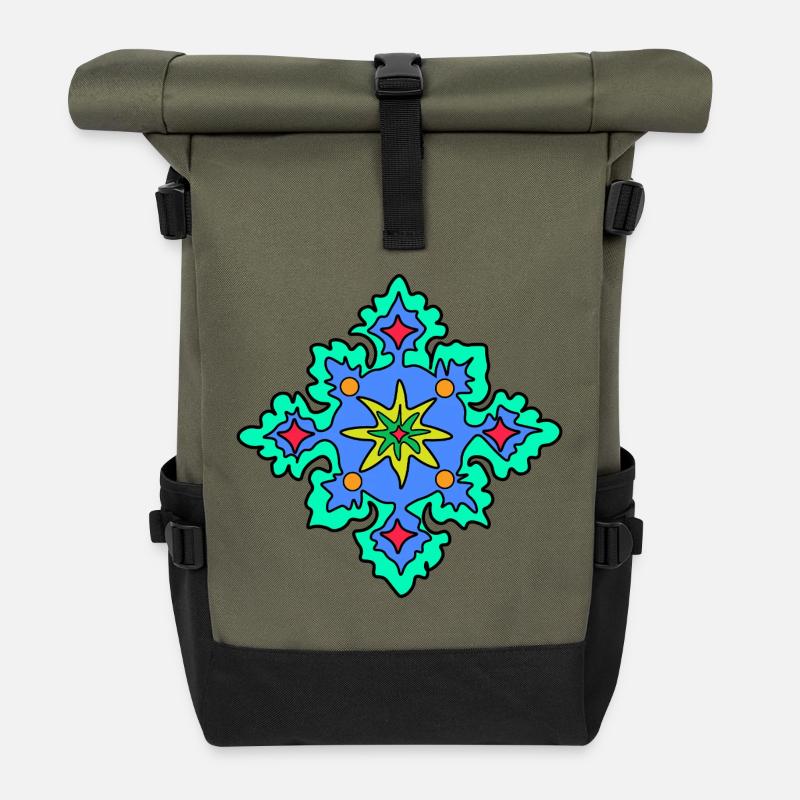 Geometric Mandala Star Pattern - Roll Top Backpack - olive/black
