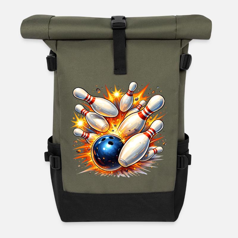 Bowlingkugel räumt Kegel ab – Volltreffer - Rolltop Rucksack - Olive/Schwarz