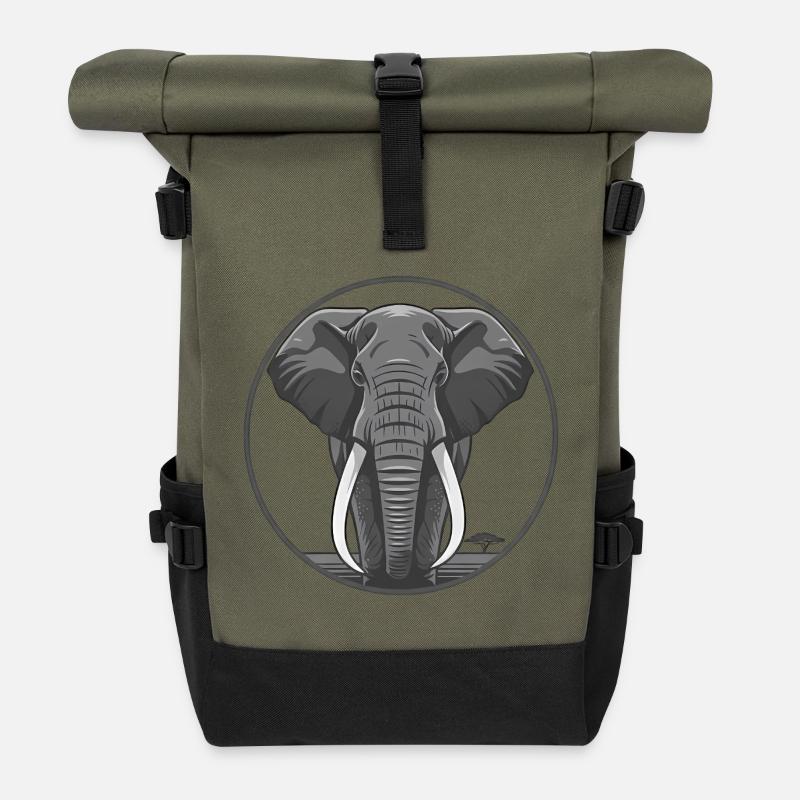 Elephant Head Circle Graphic - Roll Top Backpack - olive/black