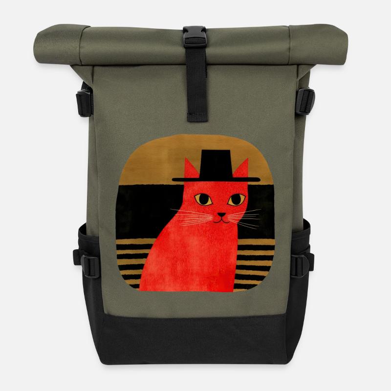 Rote Katze mit Hut Retro Art - Rolltop Rucksack - Olive/Schwarz