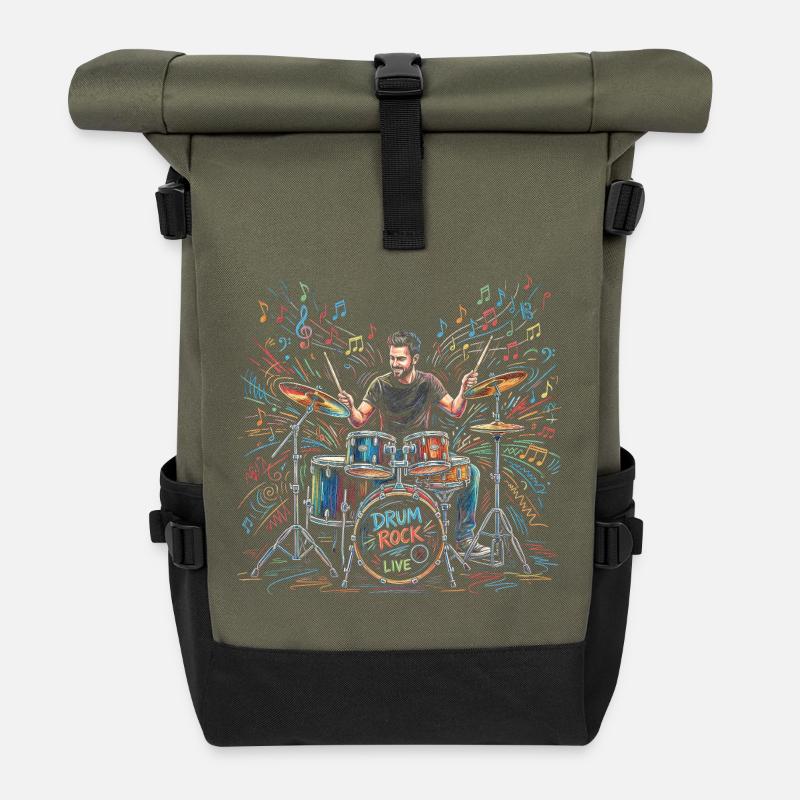 Männlicher Schlagzeuger spielt Trommel Print - Rolltop Rucksack - Olive/Schwarz