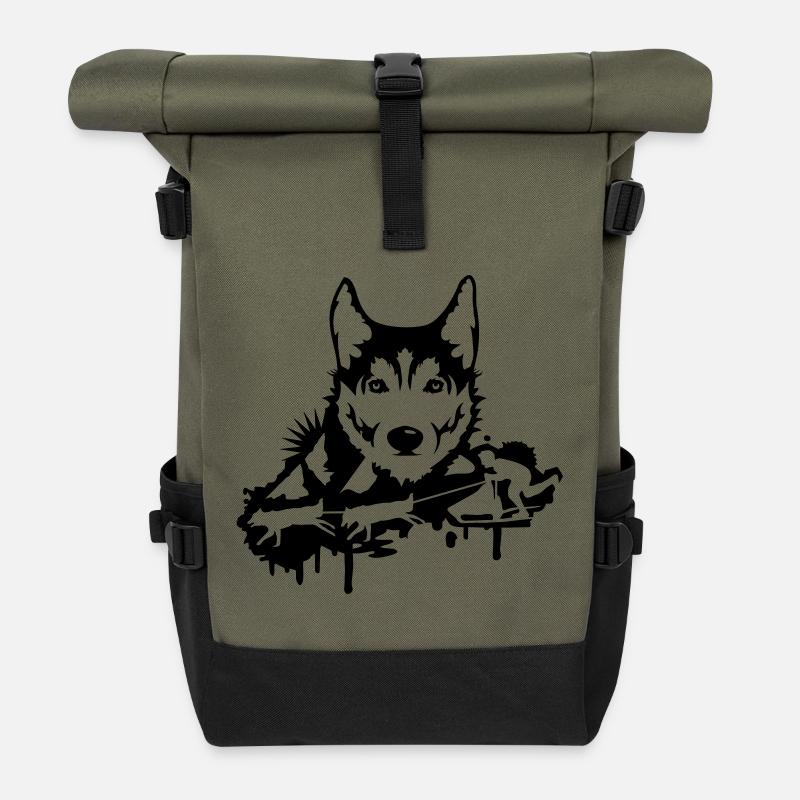 Une course de chien avec une tête husky - Sac à dos roll top - olive/noir
