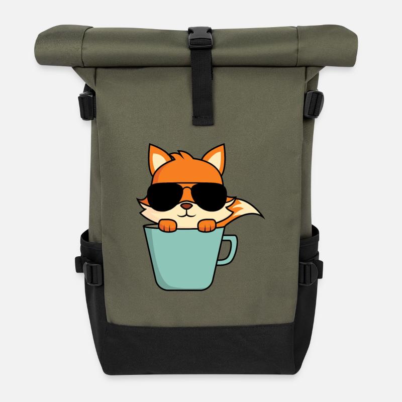 Cooler Fuchs in Kaffeetasse - Rolltop Rucksack - Olive/Schwarz