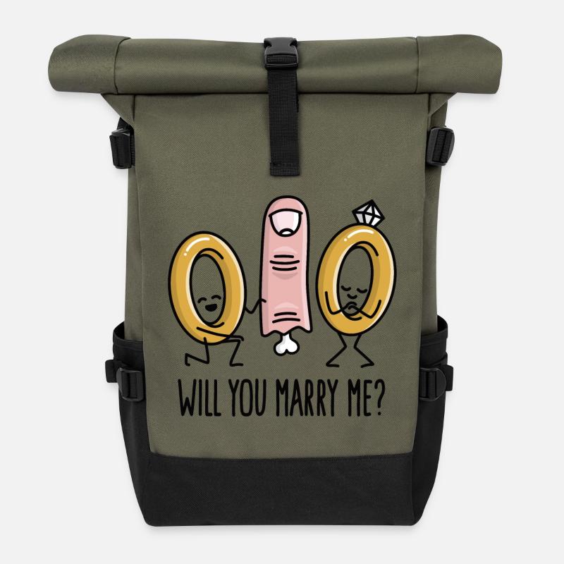 Willst du mich heiraten Heiratsantrag Eheringe - Rolltop Rucksack - Olive/Schwarz