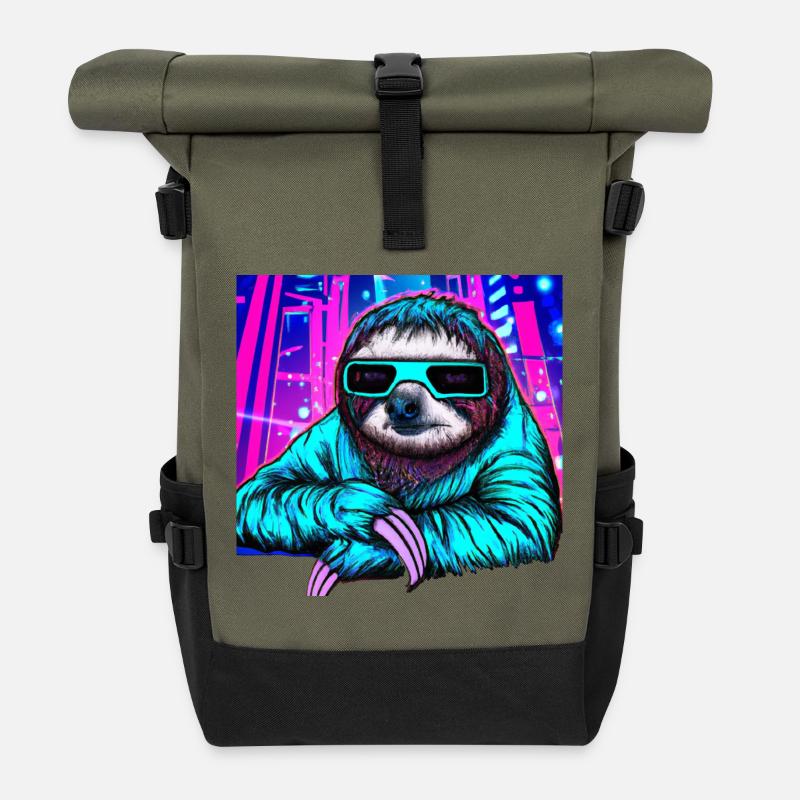 Retrowave Sloth - Ukiyo-e painting - Roll Top Backpack - olive/black