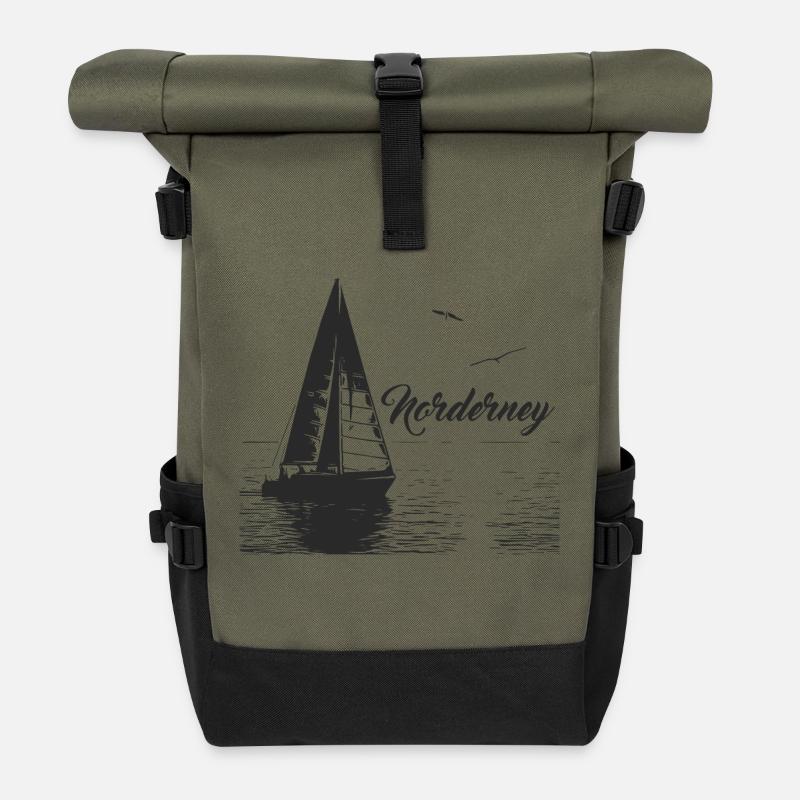 Norderney Segelboot und 2 Möwen - Rolltop Rucksack - Olive/Schwarz