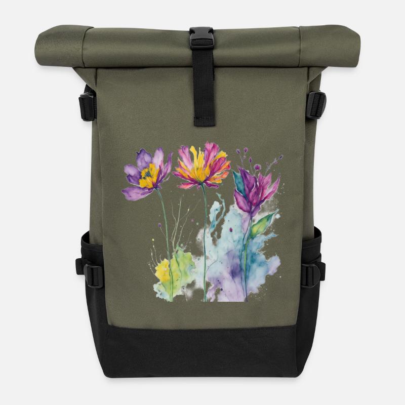 Aquarelle florale - Sac à dos roll top - olive/noir