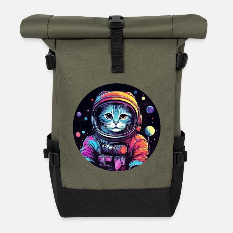 Katze Space Astronaut - Rolltop Rucksack - Olive/Schwarz
