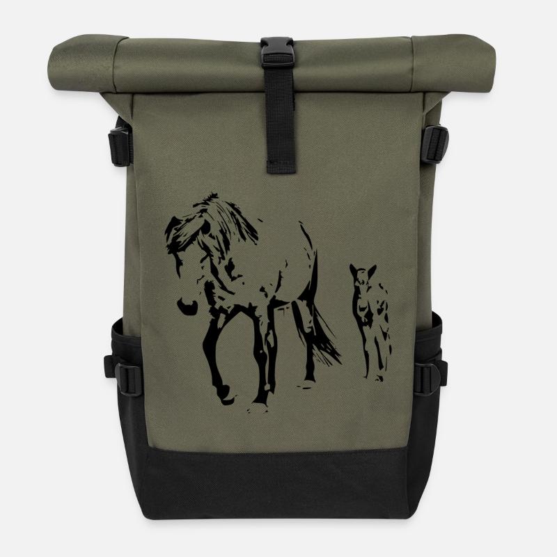 Pferde T-shirt Geschenk Reiter  - Rolltop Rucksack - Olive/Schwarz