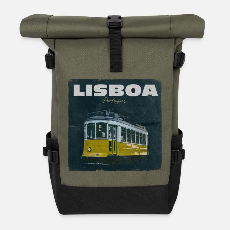 Lissabon Gelbe Straßenbahn Retro - Rolltop Rucksack - Olive/Schwarz