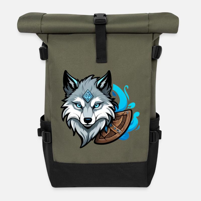 Viking Wolf Head - Roll Top Backpack - olive/black
