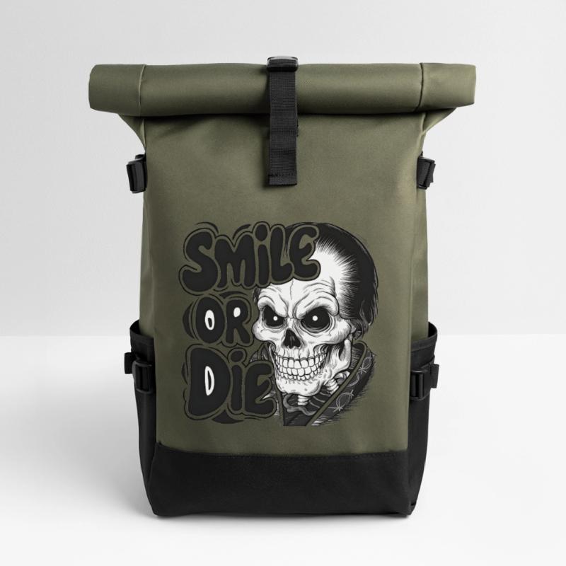 Vampirskelett mit Text Lächeln oder Sterben Rolltop Rucksack