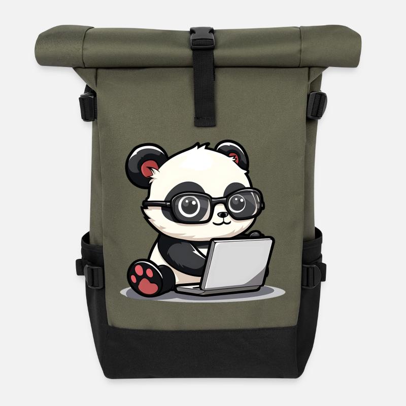 Panda Dessin animé travaillant sur un ordinateur portable avec des lunettes - Sac à dos roll top - olive/noir