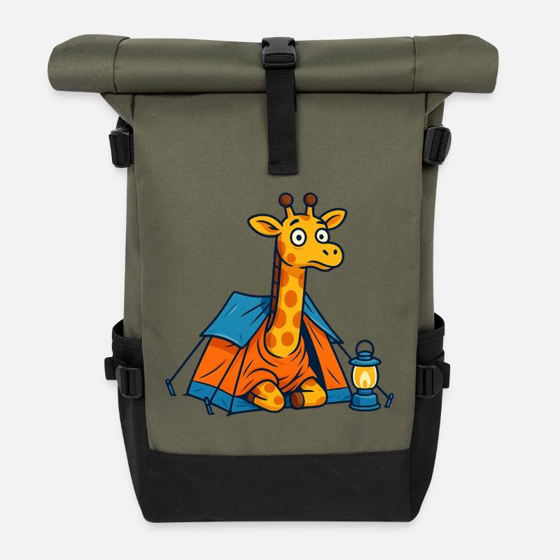 Cartoon Giraffe Camping Design - Rolltop Rucksack - Olive/Schwarz