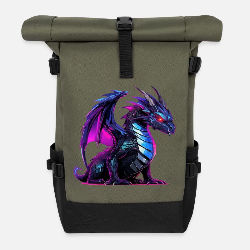 Neon-Drachen Illustration auf Schwarz - Rolltop Rucksack - Olive/Schwarz