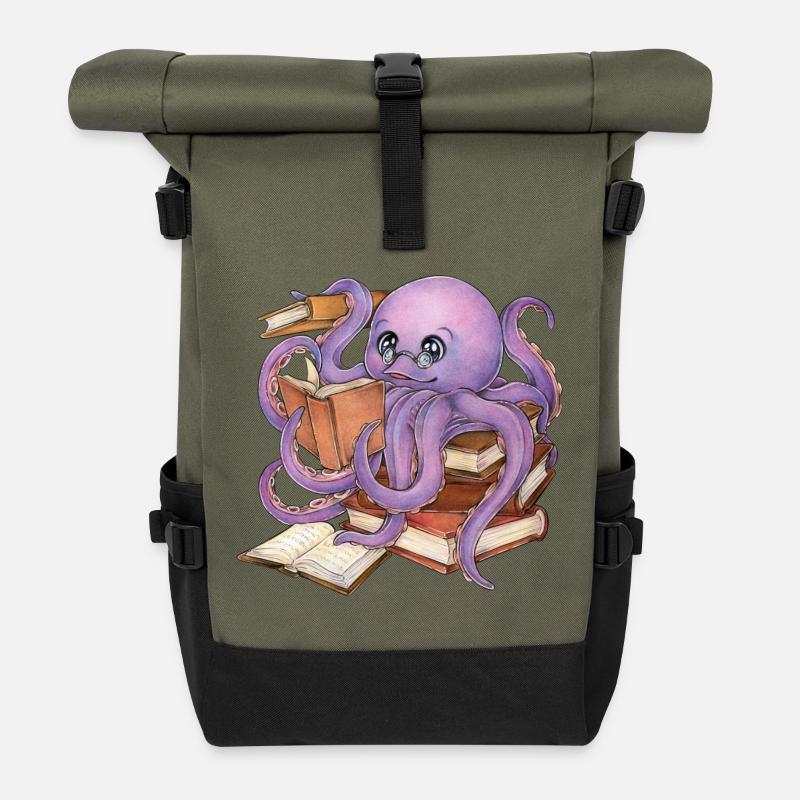 Reading Octopus in Stack of Books Book Gift - Roll Top Backpack - olive/black