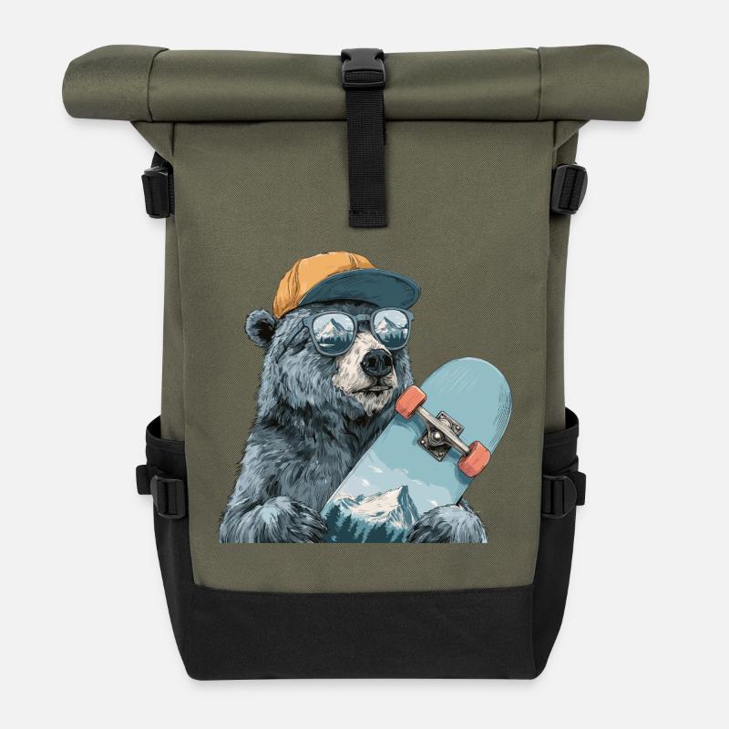 Bär Skater mit Bergreflexion - Rolltop Rucksack - Olive/Schwarz
