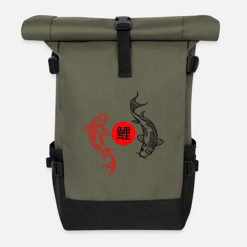Koi dans le cercle zen rouge - Sac à dos roll top - olive/noir