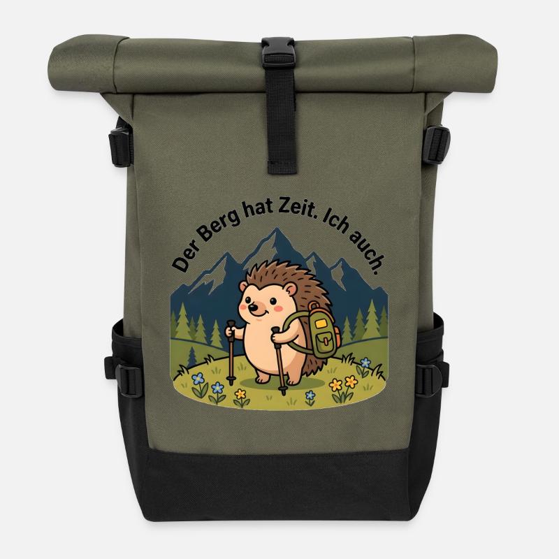 Der Berg hat Zeit. Ich auch. – Igel Wandershirt - Rolltop Rucksack - Olive/Schwarz