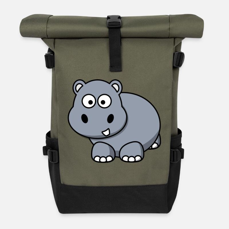 Nilpferd Happy Hippo Comic Stil für Kinder - Rolltop Rucksack - Olive/Schwarz