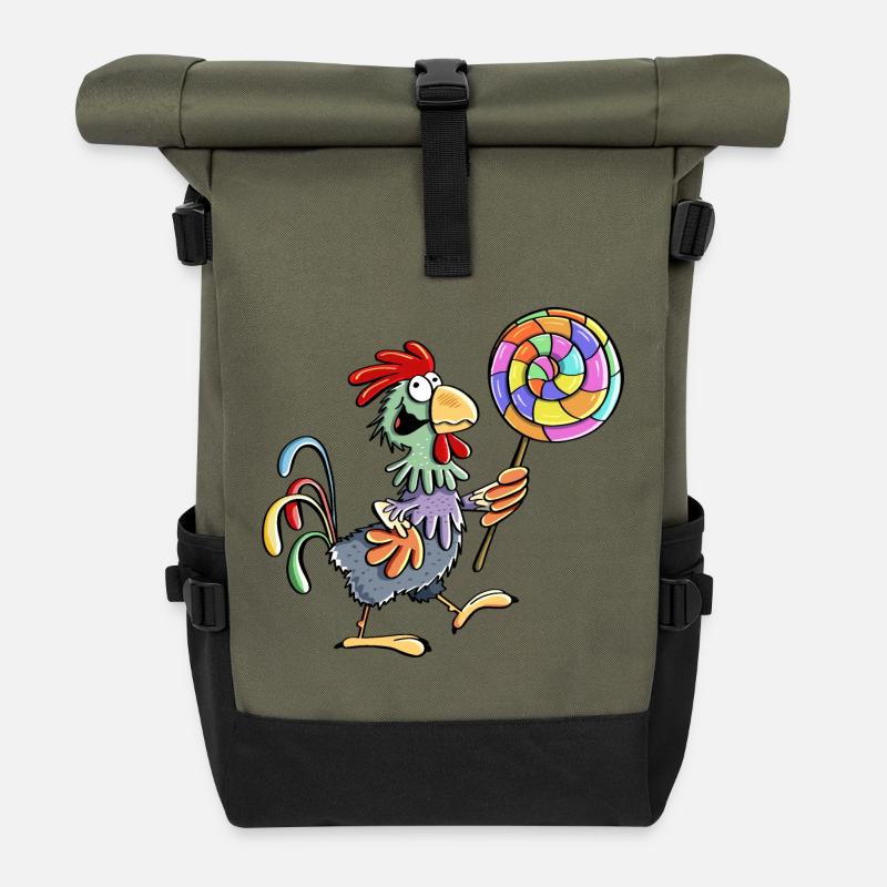 Huhn mit Lolli - Hahn - Henne - Lutscher - Essen - Rolltop Rucksack - Olive/Schwarz