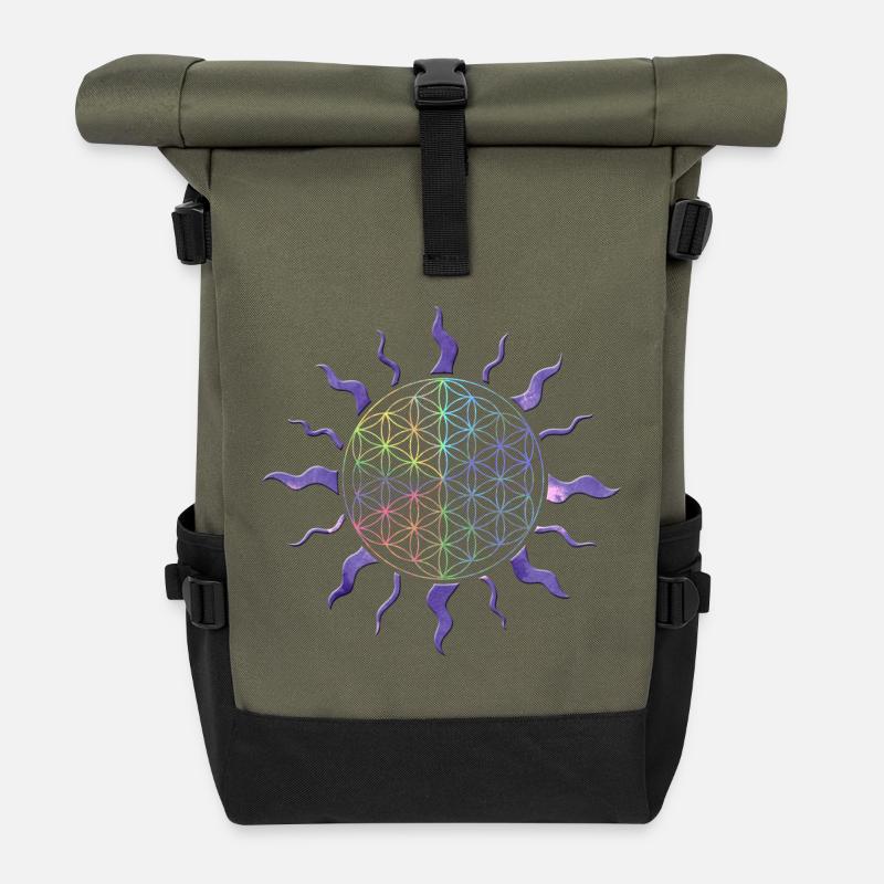 Blume des Lebens Sonne Mandala Regenbogen - Rolltop Rucksack - Olive/Schwarz