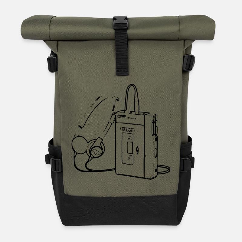 Retro Walkman Kassette - Rolltop Rucksack - Olive/Schwarz