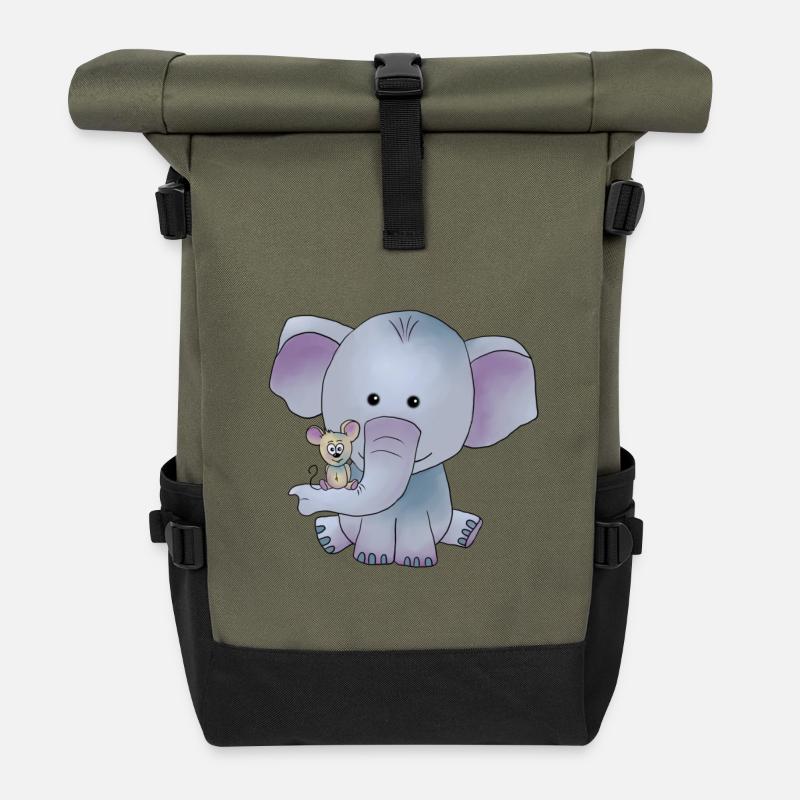 Elefant mit Maus - Rolltop Rucksack - Olive/Schwarz