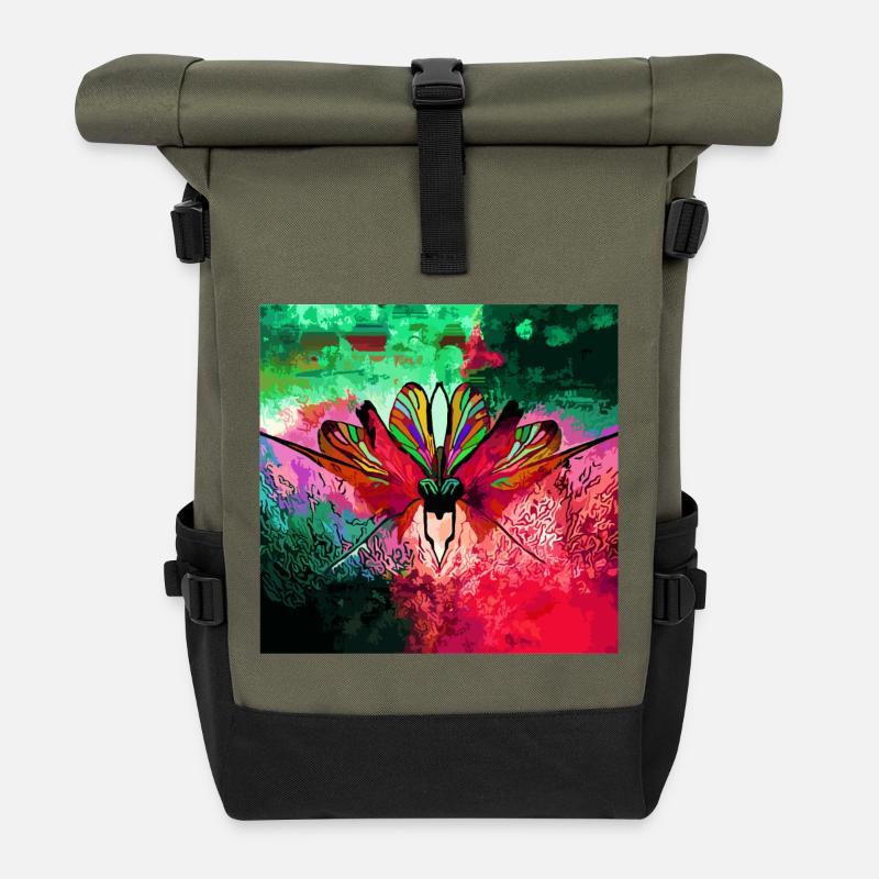 Farbexplosiver Schmetterling Naturkunst - Rolltop Rucksack - Olive/Schwarz