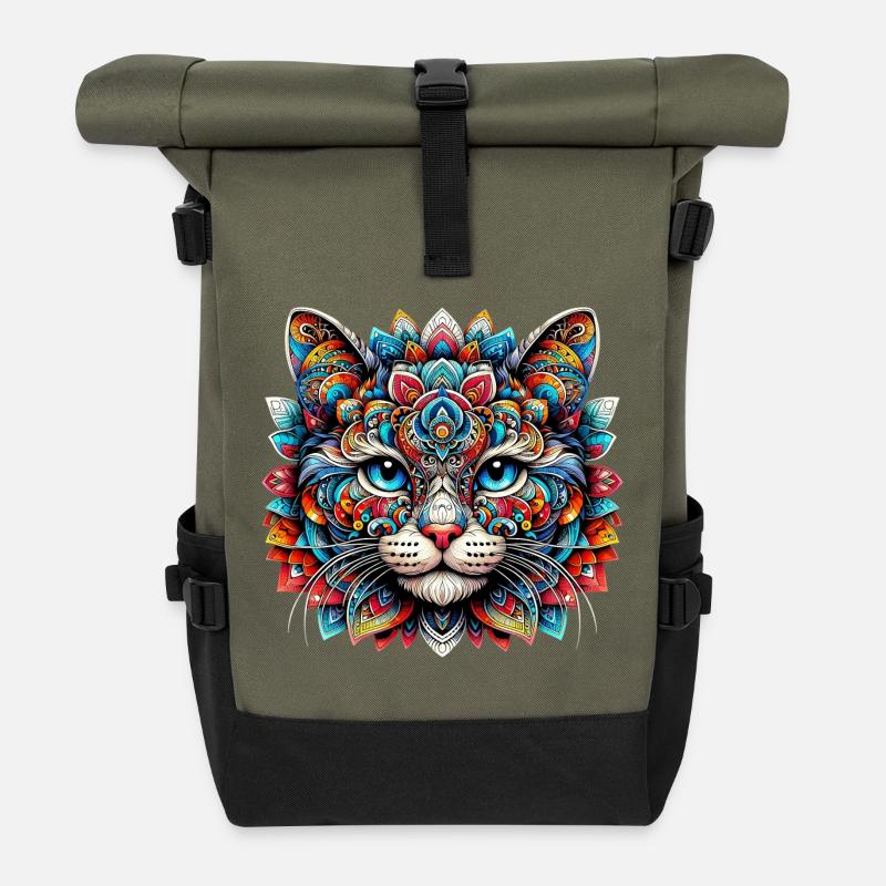 Chat décoré de Mandalas - Sac à dos roll top - olive/noir