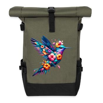 Hummingbird decorated with flowers - Roll Top Backpack - olive/black - Front