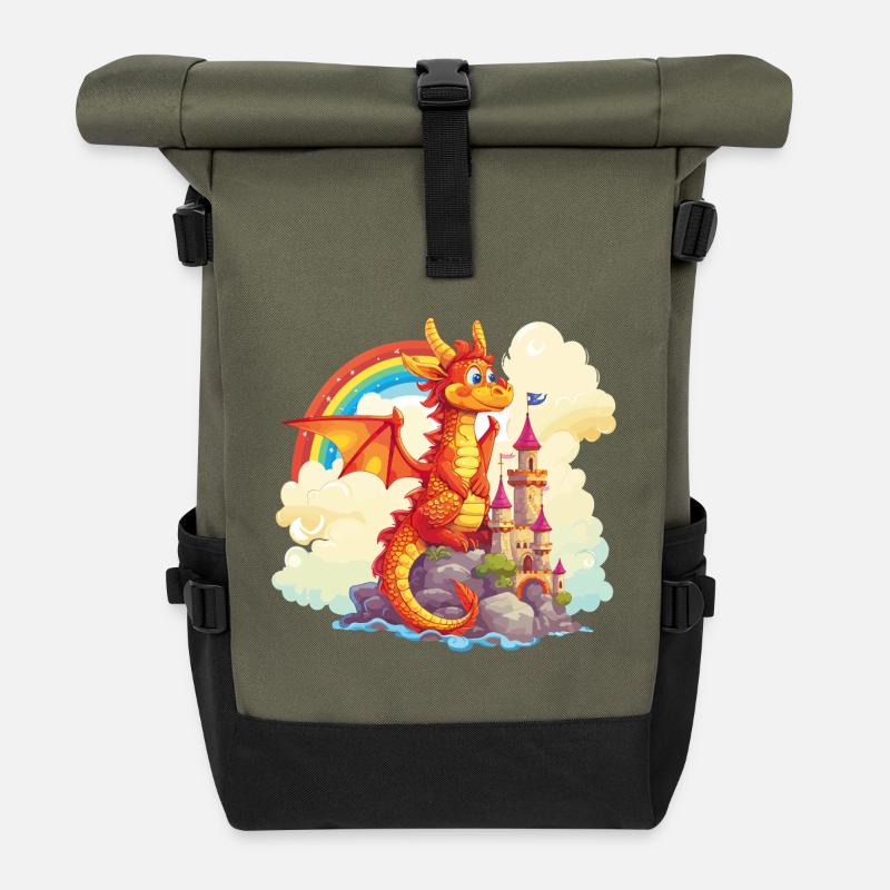 Drache Schloss Regenbogen Süß Niedlich Kindlich - Rolltop Rucksack - Olive/Schwarz