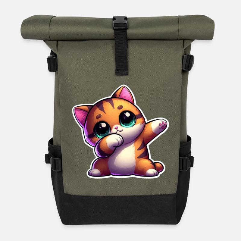 Cute kitten with big expressive eyes - Roll Top Backpack - olive/black