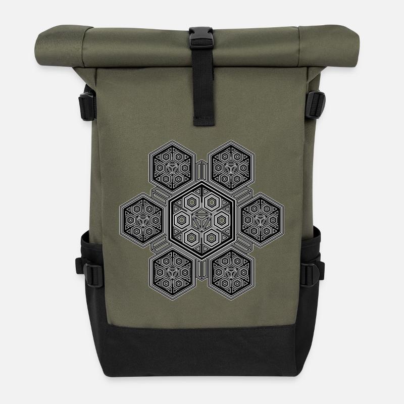 Hexagon Pattern Mandala Sacred Geometry Spirit - Roll Top Backpack - olive/black