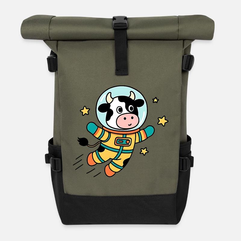 Kuh-Astronaut im All - Rolltop Rucksack - Olive/Schwarz