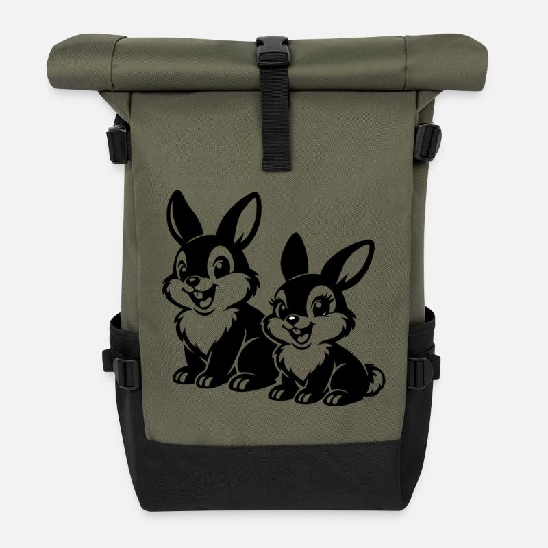 Sketched Rabbit Duets - Roll Top Backpack - olive/black
