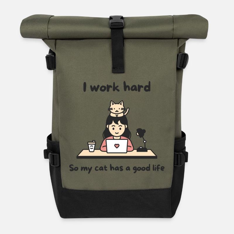 Desk Cat Hustle - Roll Top Backpack - olive/black