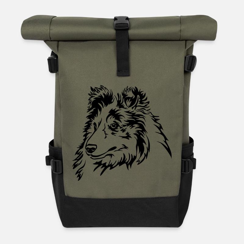 Sheltie Kopf - Rolltop Rucksack - Olive/Schwarz