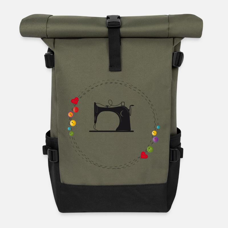 nostalgisch stilisierte Nähmaschine mit Knöpfe - Rolltop Rucksack - Olive/Schwarz