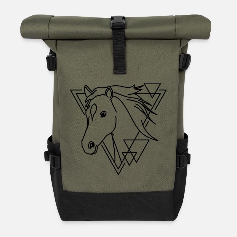 Horse in Geometric Shape - Line Art Design - Roll Top Backpack - olive/black