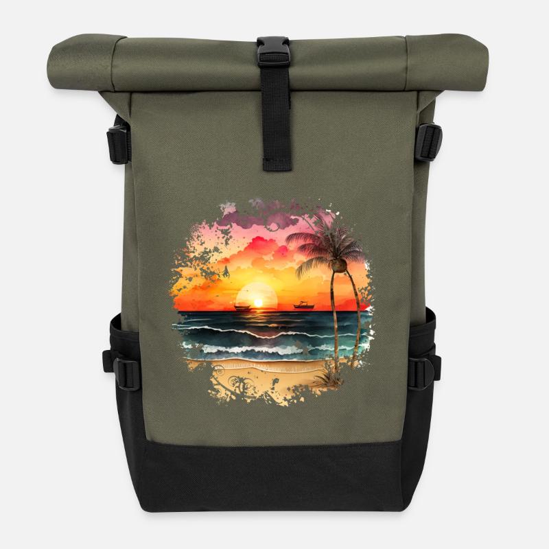 Coucher de soleil sur la plage tropicale - Sac à dos roll top - olive/noir