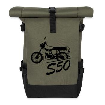 s50 Motorrad Moped Symbol Logo icon Simme DDR - Rolltop Rucksack - Olive/Schwarz - Vorne